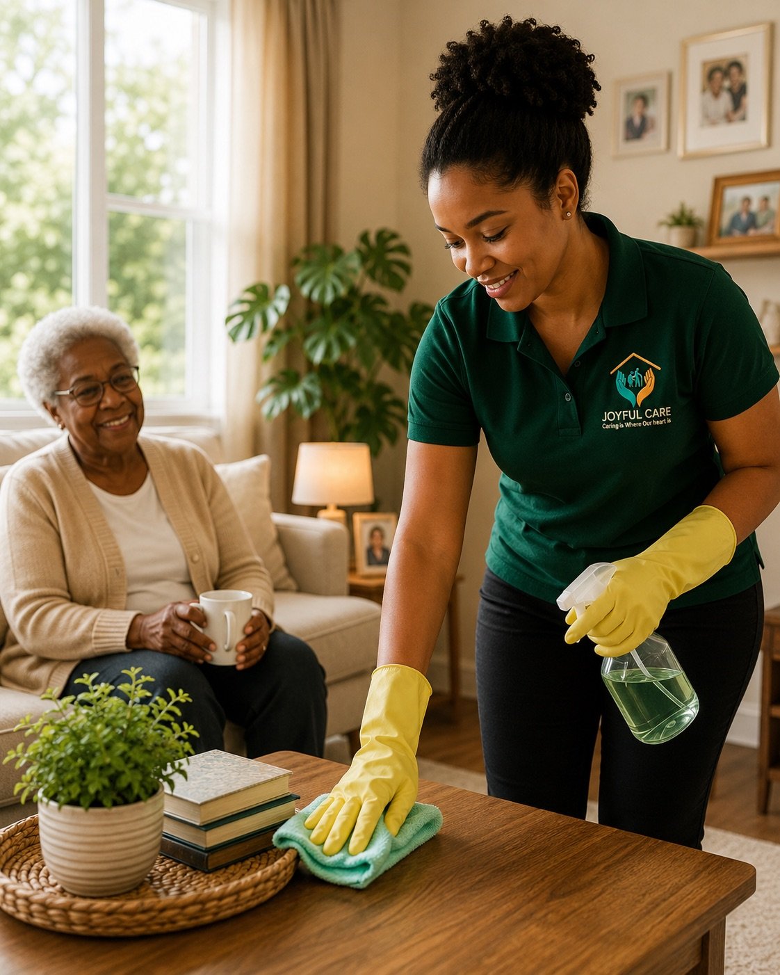 A Joyful Care cleaner tidying a cosy living room