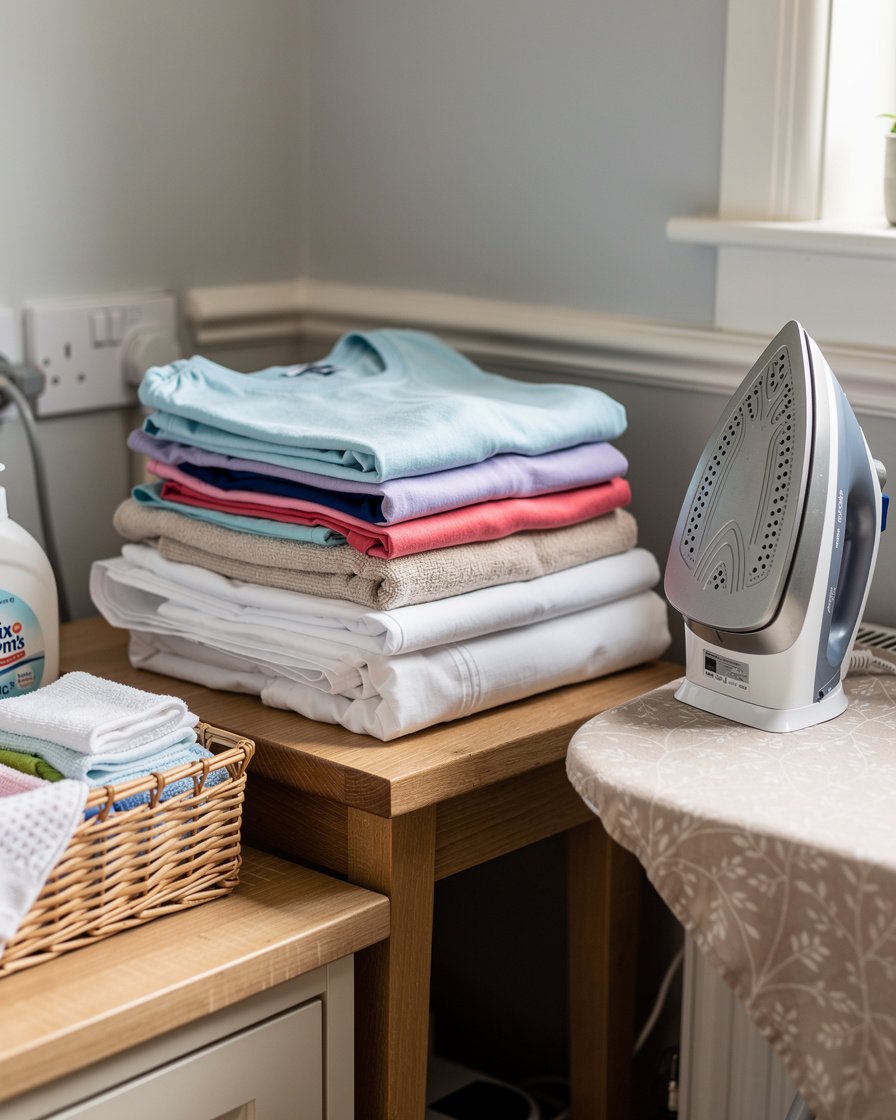 Freshly folded laundry and pressed shirts beside an ironing board
