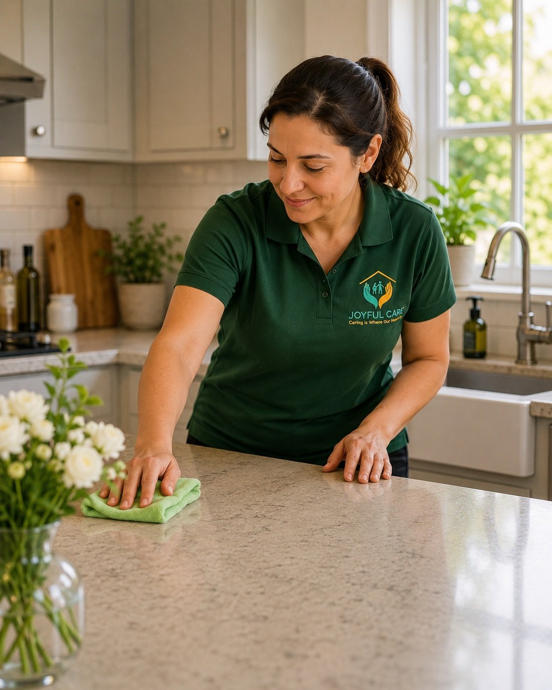 Domestic cleaning Southampton — a Joyful Care cleaner cleaning a kitchen worktop