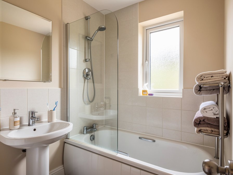 A clean bathroom with folded towels