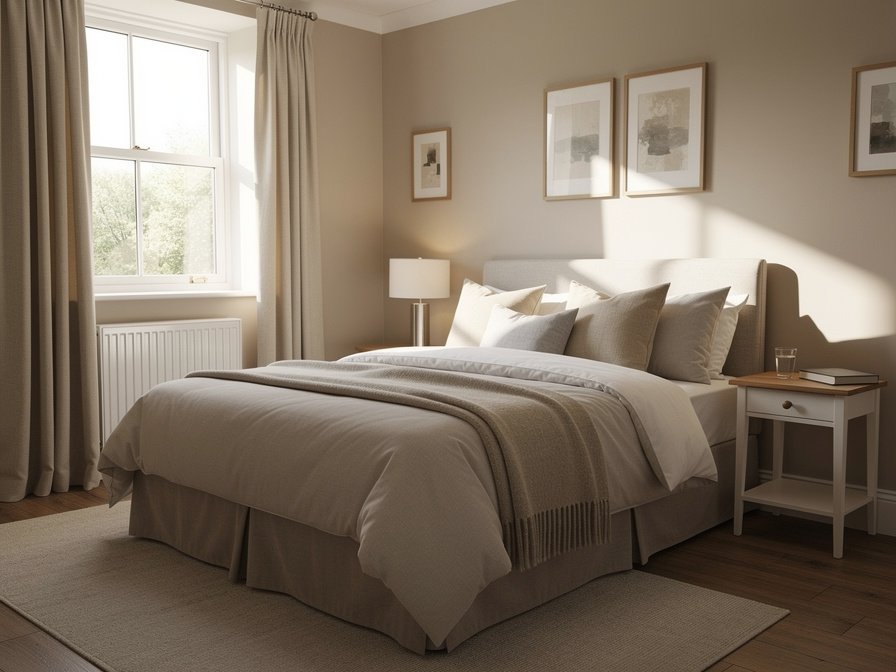 A tidy bedroom with a neatly made bed