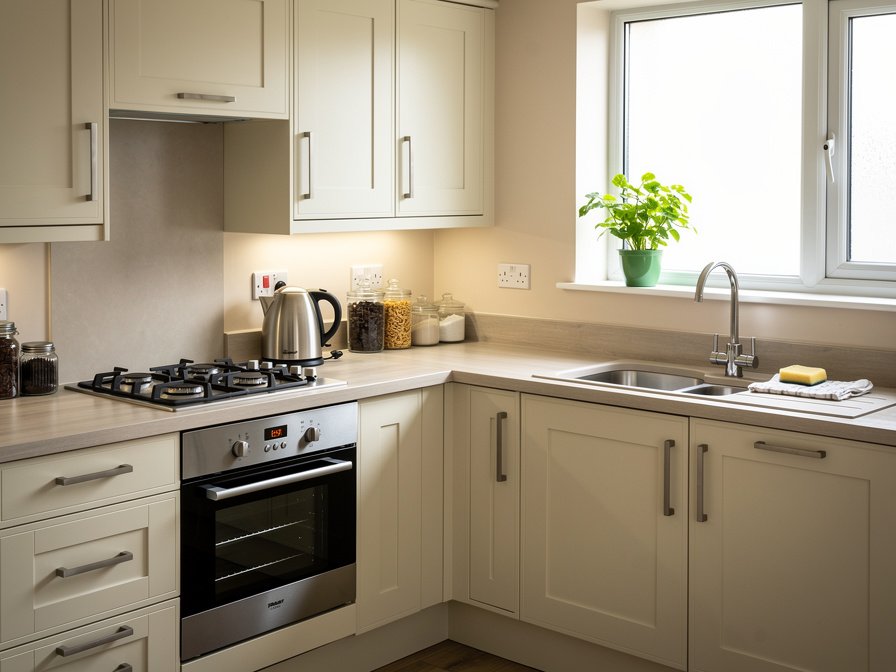 A clean kitchen with wiped worktops