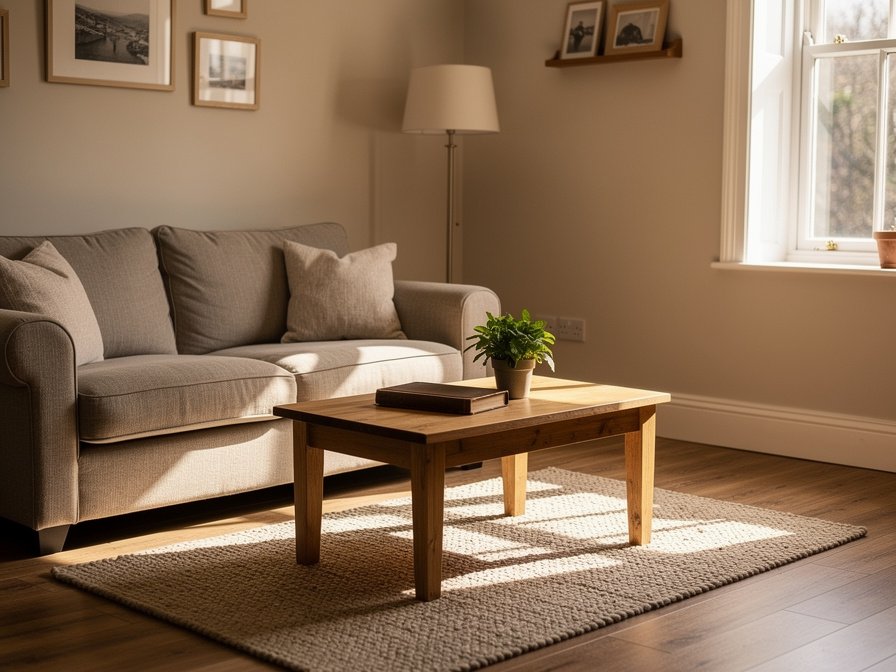 A tidy living room with a vacuumed rug