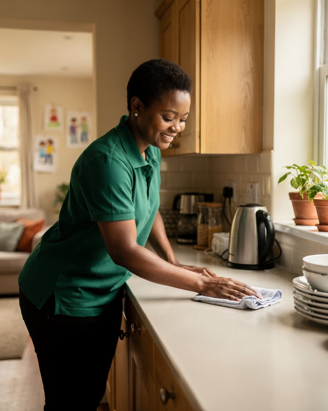 A Joyful Care cleaner wiping down a kitchen worktop in a client's home